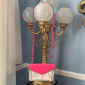 Rebecca Minkoff Genuine Leather Envelope Clutch Crossbody Purse Gray Cream Pink